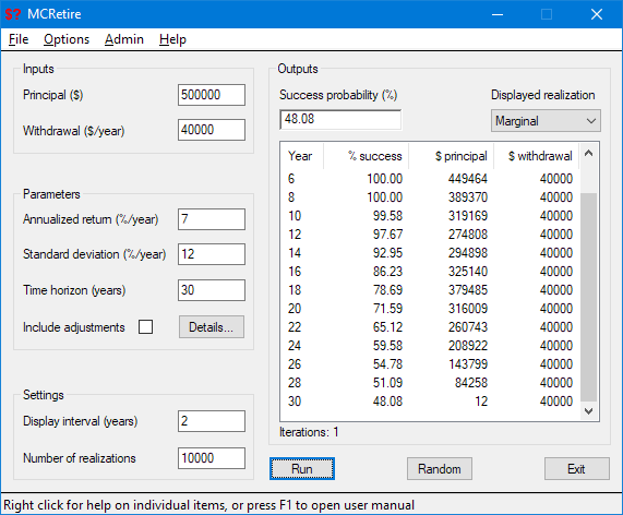 MCRetire sample screen